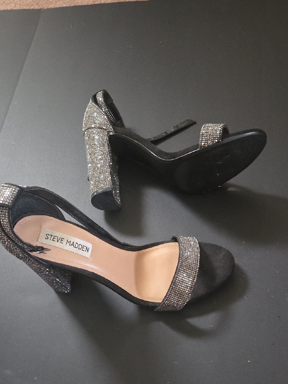 Steve Madden Black Glitter Block Heel Sandals with Rhinestone Straps